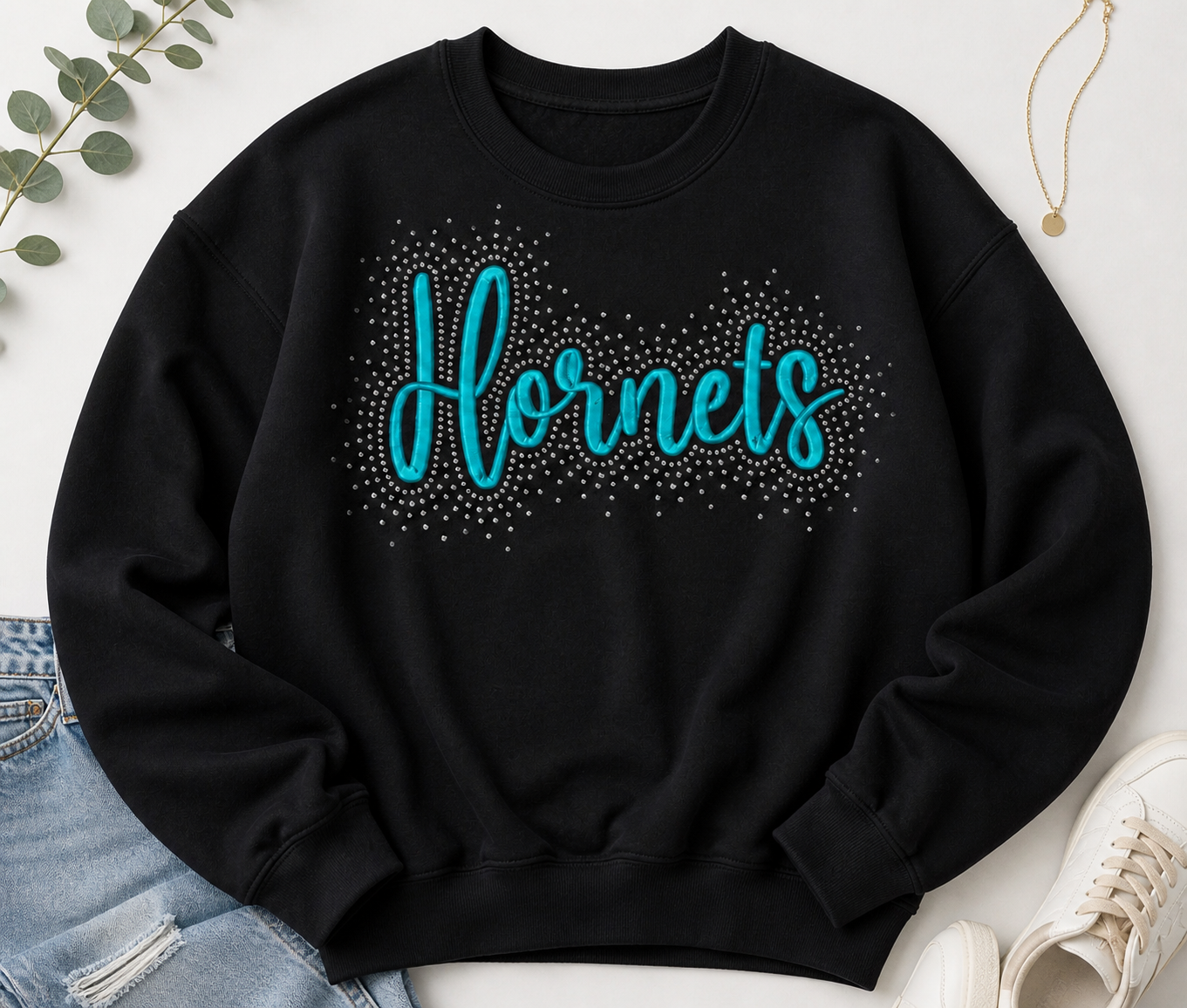 CO Hornets Rhinestone & Embroidered Crew Neck